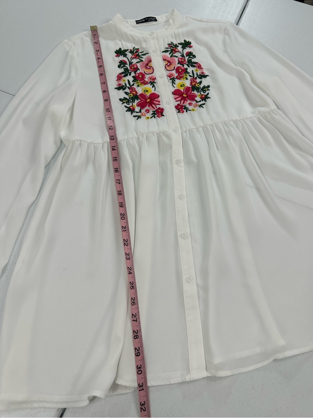 SHEIN Semi‎ Sheer Floral Embroidered Button Front Tunic Blouse White L - Picture 5 of 9